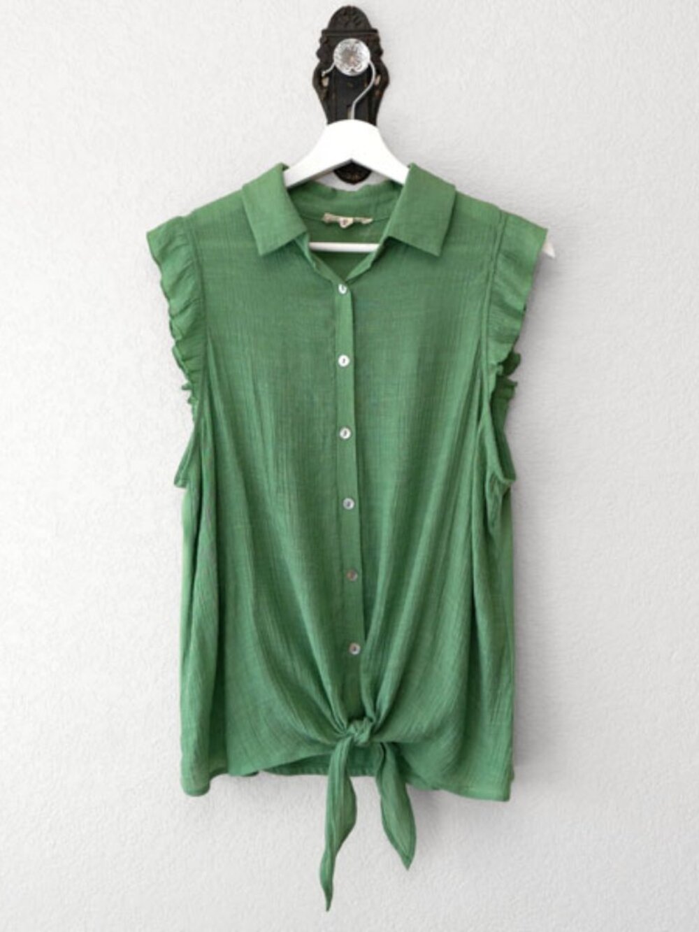 Parallel Skies Green Ruffle Sleeve Tie Front Blouse XL Button Up Boho Cottagecor